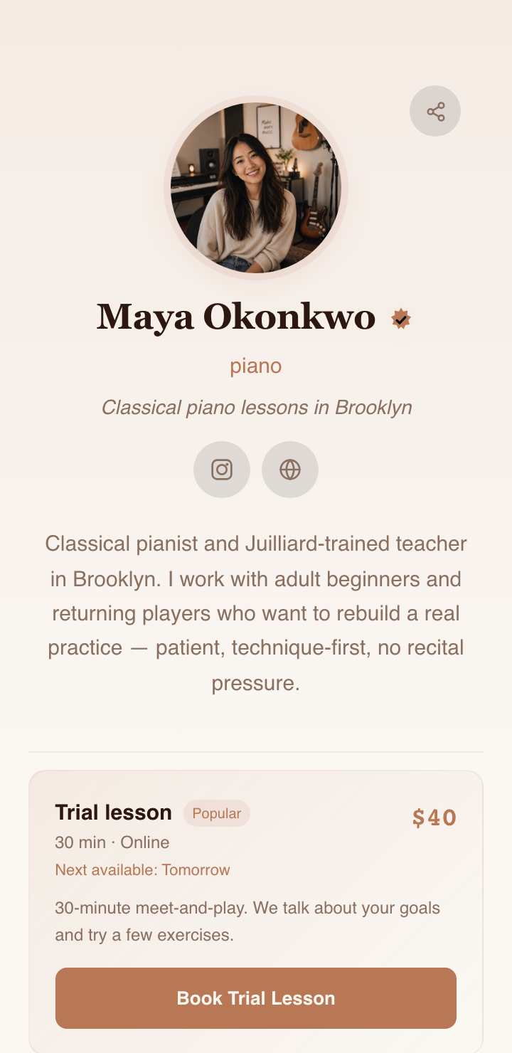 Maya Okonkwo's booking page